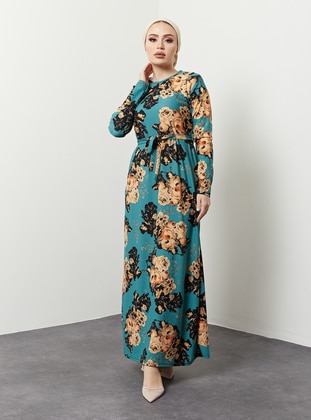 Floral Patterned Modest Dress Turquoise