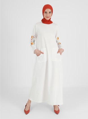 White - Crew neck - Modest Dress - Refka