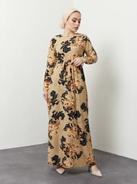 Floral Patterned Modest Dress Cream-Beige