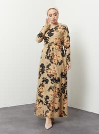 Floral Patterned Modest Dress Cream-Beige
