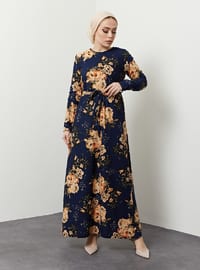 Floral Patterned Modest Dress Navy Blue