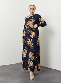 Floral Patterned Modest Dress Navy Blue