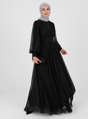 Black - Fully Lined - Crew neck - Modest Evening Dress - Tavin