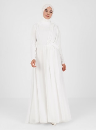 White - Fully Lined - Crew neck - Modest Evening Dress - Tavin