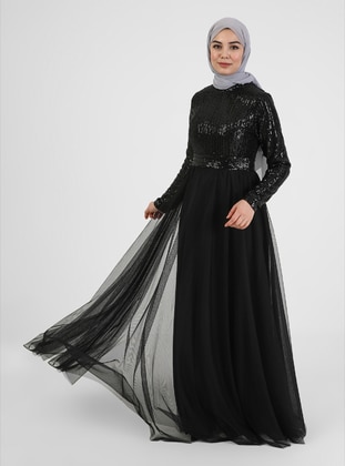 Sequin Tulle Hijab Evening Dress Black