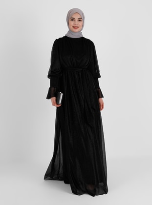 Black - Floral - Unlined - Crew neck - Modest Evening Dress - Tavin