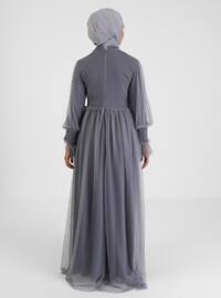 Gray - Fully Lined - Crew neck - Modest Evening Dress