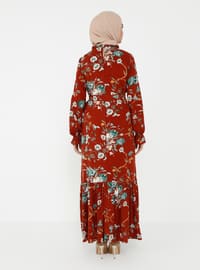 Terra Cotta - Floral - Crew neck - Unlined - Viscose - Modest Dress