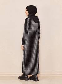 Black - Stripe - Unlined - Cotton - Viscose - Modest Dress