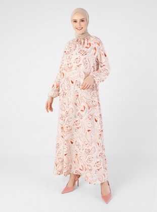 Terra Cotta - Salmon - Floral - Crew neck - Unlined - Modest Dress - Refka