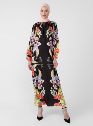Yellow - Black - Floral - Crew neck - Unlined - Modest Dress - Refka