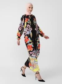 Yellow - Black - Floral - Crew neck - Unlined - Modest Dress