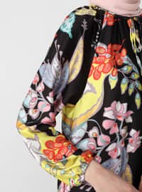 Yellow - Black - Floral - Crew neck - Unlined - Modest Dress