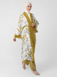 Unlined - Shawl - White - Olive Green - V neck Collar - Kimono