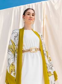 Unlined - Shawl - White - Olive Green - V neck Collar - Satin - Kimono