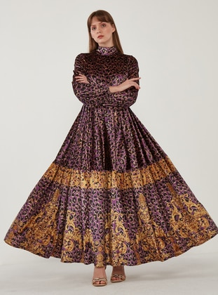 Purple - Leopard - Crew neck - Unlined - Modest Dress - Mustafa Dikmen