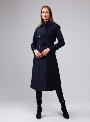 Navy Blue - Unlined - Double-Breasted - Trench Coat - Jamila