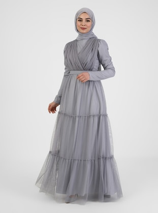 Gray - Fully Lined - Double-Breasted - Modest Evening Dress - Tavin