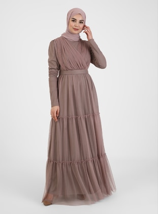 Belt Detailed Tulle Hijab Evening Dress Mink