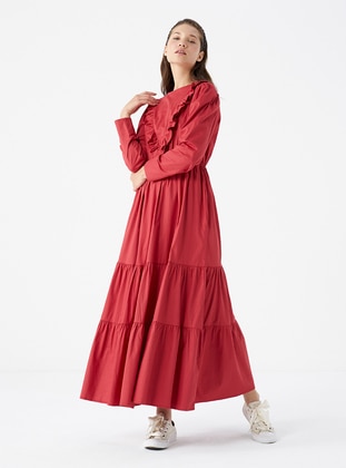 Red - Unlined - Cotton - Modest Dress - Kefta