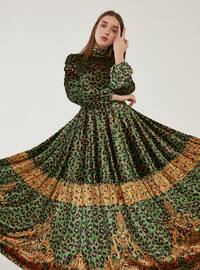 Green - Leopard - Crew neck - Unlined - Modest Dress