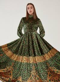 Green - Leopard - Crew neck - Unlined - Modest Dress