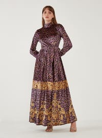 Purple - Leopard - Crew neck - Unlined - Modest Dress