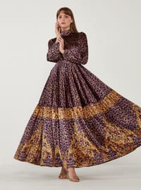 Purple - Leopard - Crew neck - Unlined - Modest Dress