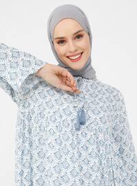 Patterned Fringe Detailed Viscose Modest Dress Deep Blue White