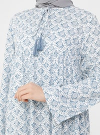 Patterned Fringe Detailed Viscose Modest Dress Deep Blue White