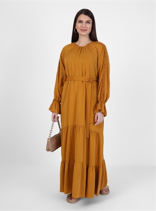 Plus Size Belt Detailed Lace Detailed Dress Mustard