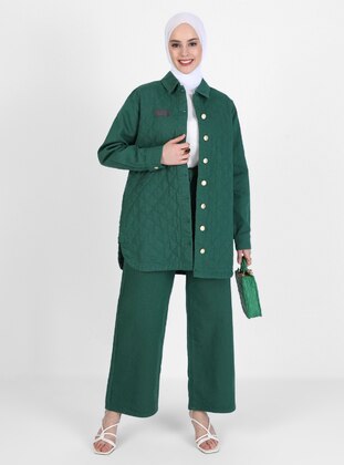 Green - Unlined - Point Collar - Denim - Cotton - Jacket - Refka