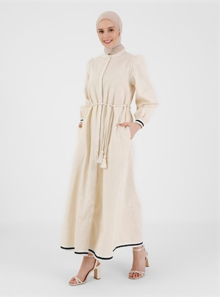 Beige - Crew neck - Unlined - Cotton - Modest Dress - Refka