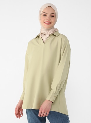 Green - Point Collar - Cotton - Blouses - Refka