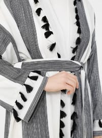 Striped Cape With Fringe Detail Black And White Coat