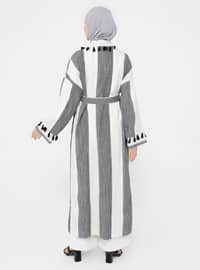 Striped Cape With Fringe Detail Black And White Coat