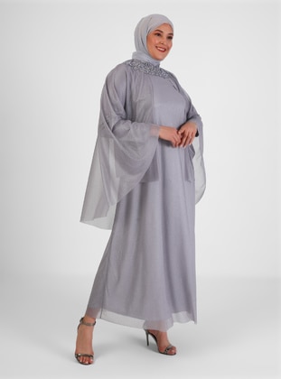 Gray - Fully Lined - Crew neck - Modest Plus Size Evening Dress - Alia