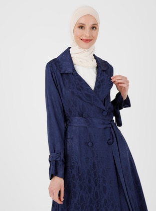 Navy Blue - Unlined - Double-Breasted - Viscose - Trench Coat - Refka