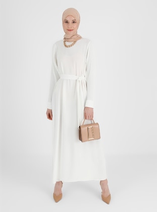 Sleeves Pleated Elegant Modest Dress Off White