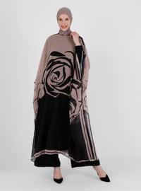 Beige - Floral - Fully Lined - Crew neck - Abaya