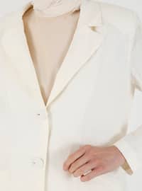 Ecru - Floral - Half Lined - Shawl Collar - Linen - Viscose - Linen - Jacket