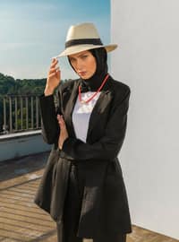 Black - Floral - Half Lined - Shawl Collar - Linen - Viscose - Linen - Jacket