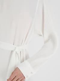 Sleeves Pleated Elegant Modest Dress Off White