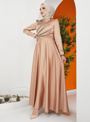 Camel - Unlined - Crew neck - Modest Evening Dress - Olcay