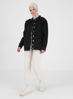 Black - Unlined - Point Collar - Denim - Cotton - Jacket - Benin