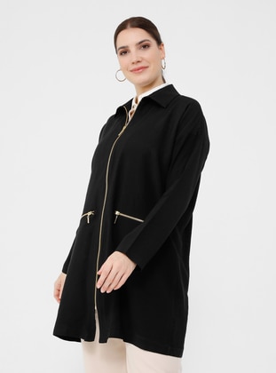 Black - Unlined - Point Collar - Plus Size Coat - Alia