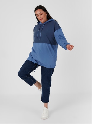 Blue - Cotton - Plus Size Sweatshirts - Alia