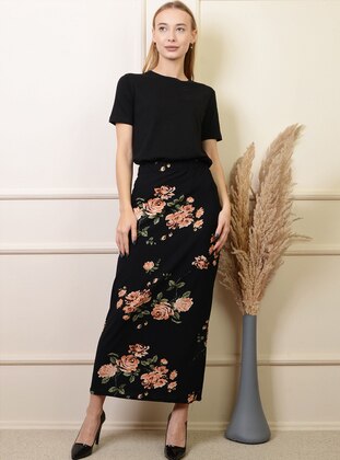 Black - Floral - Unlined - Cotton - Skirt