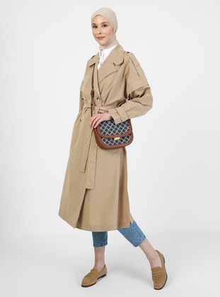 Beige - Unlined - Shawl Collar - Cotton - Trench Coat - Refka