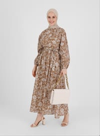 Brown - Floral - Crew neck - Unlined - Cotton - Modest Dress